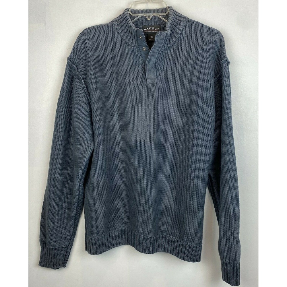 Woolrich Sweater Mens XL Pullover Quarter Snap Knit Blue Cotton Jumper Mock